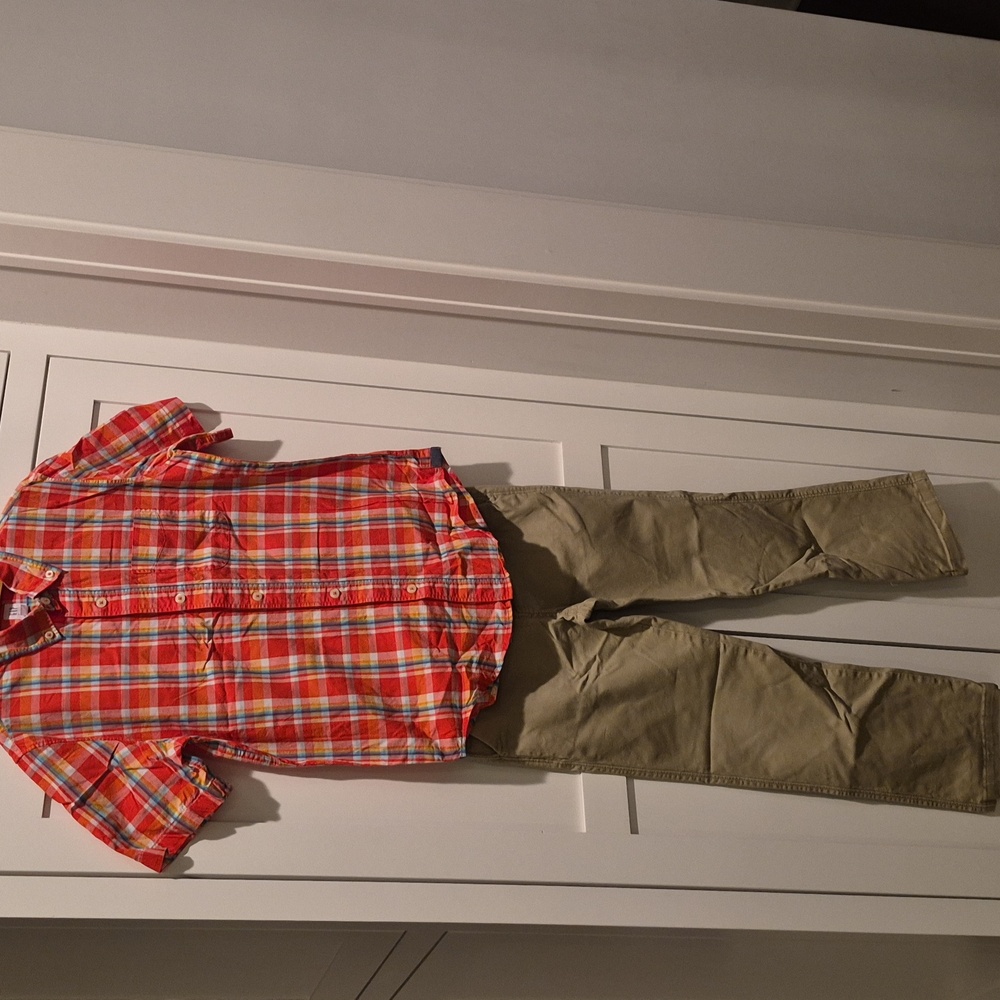 Lot Big Boys Gap Kids Outfit Khaki Pants & Button Down Plaid Shirt Size 12